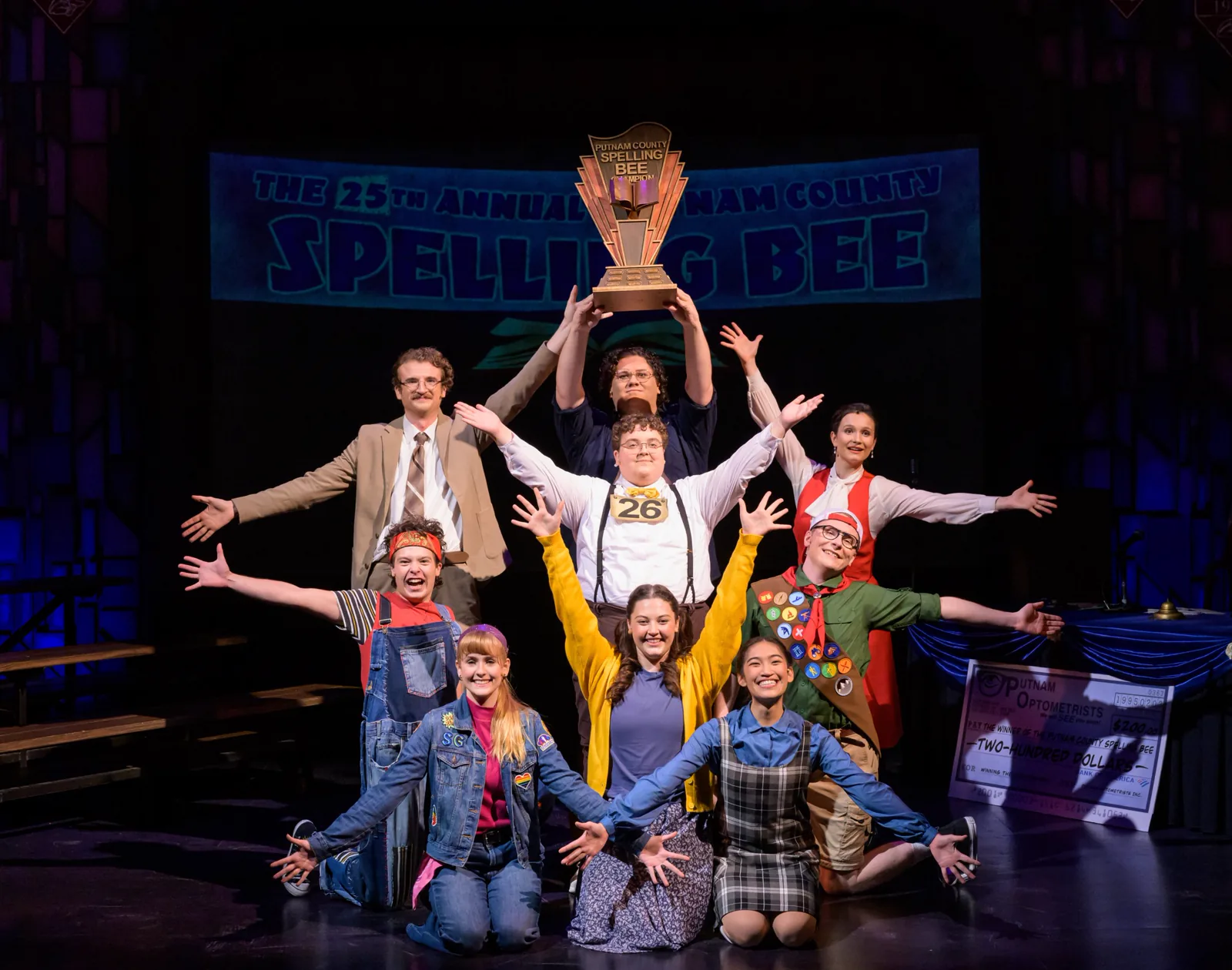 The 25th Annual Putnam County Spelling Bee cast on stage